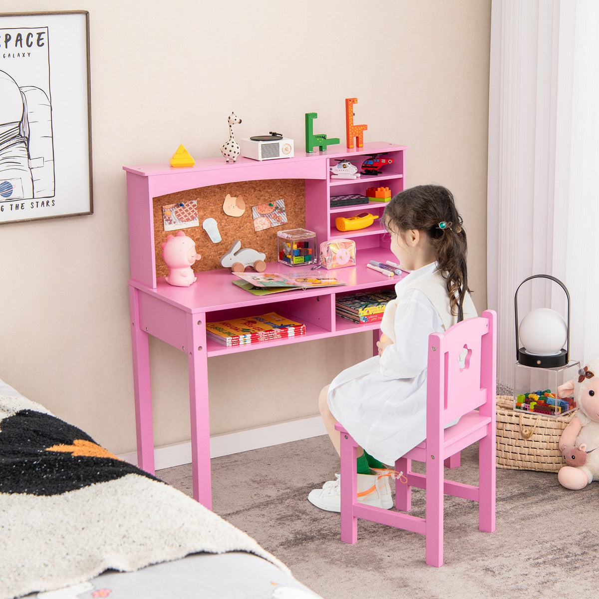 Kids Desk and Chair Set with Hutch and Bulletin Board for 3+ Kids-Pink view 3