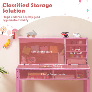 Kids Desk and Chair Set with Hutch and Bulletin Board for 3+ Kids-Pink view 7