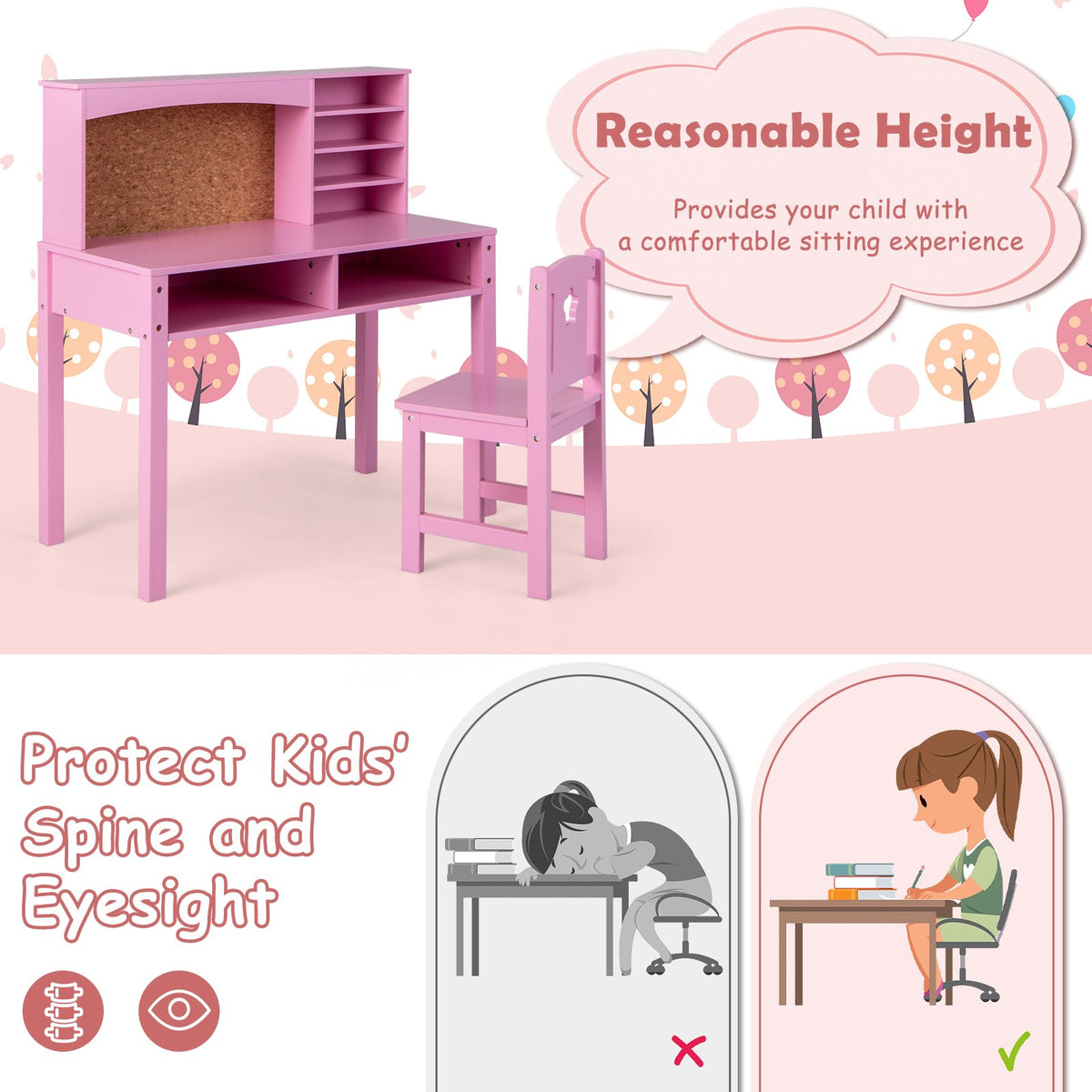 Kids Desk and Chair Set with Hutch and Bulletin Board for 3+ Kids-Pink view 8