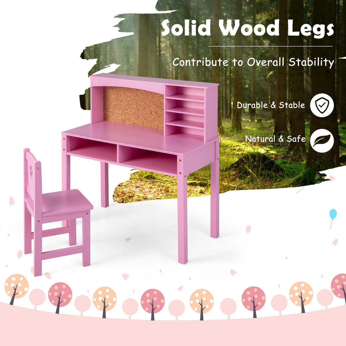 Kids Desk and Chair Set with Hutch and Bulletin Board for 3+ Kids-Pink view 9
