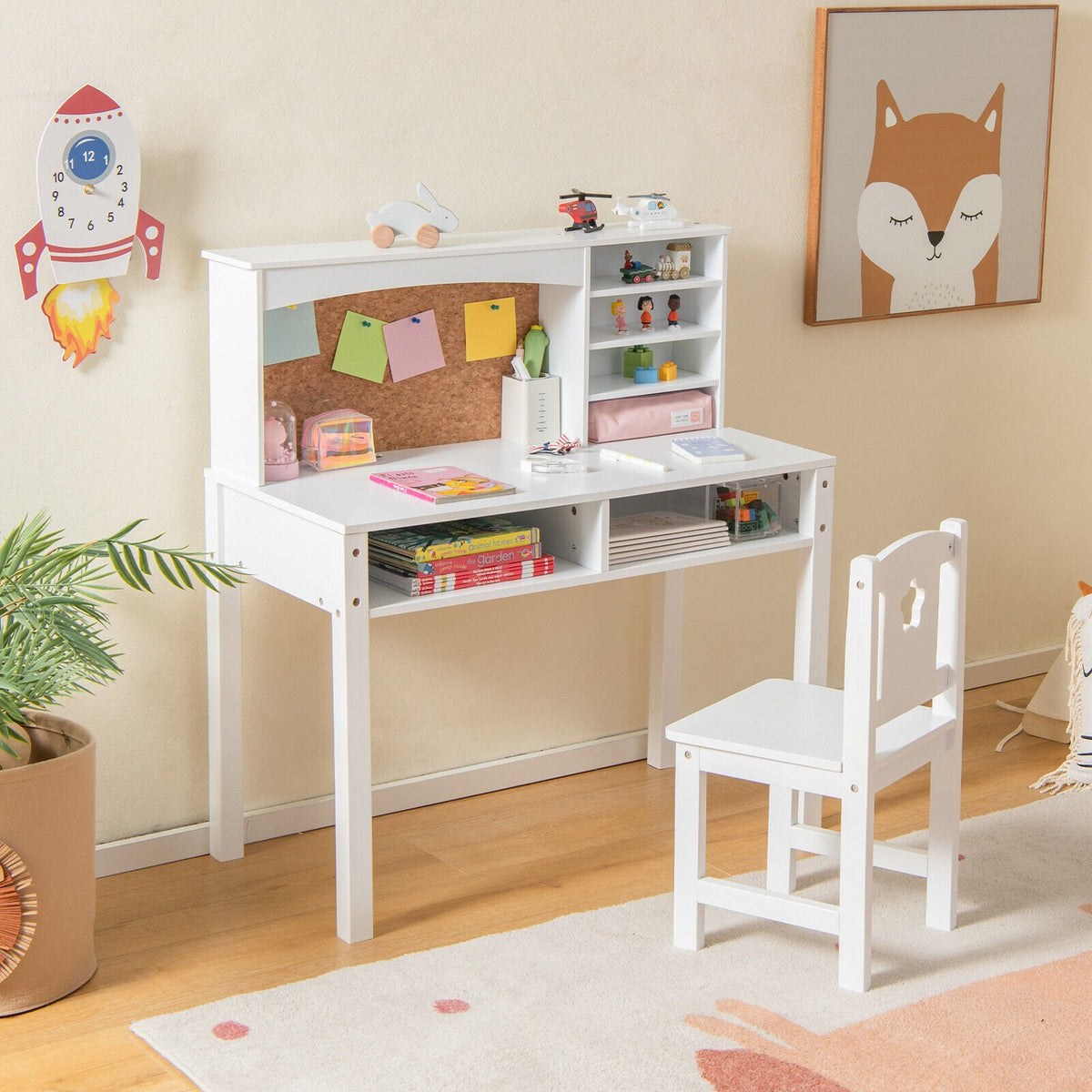 Kids Desk and Chair Set with Hutch and Bulletin Board for 3+ Kids-White view 2