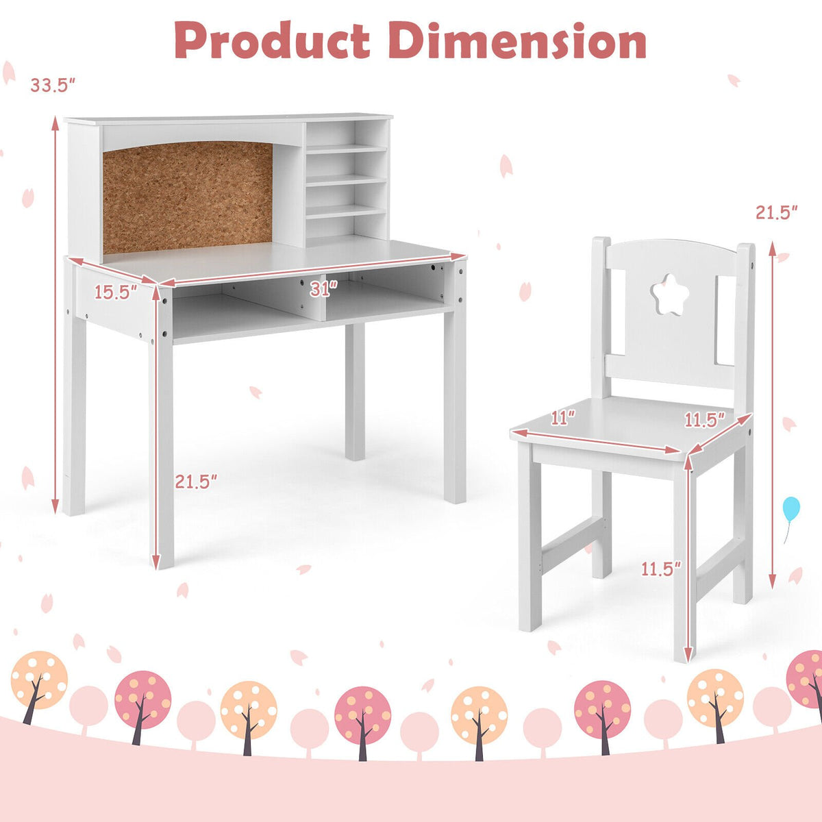 Kids Desk and Chair Set with Hutch and Bulletin Board for 3+ Kids-White view 5