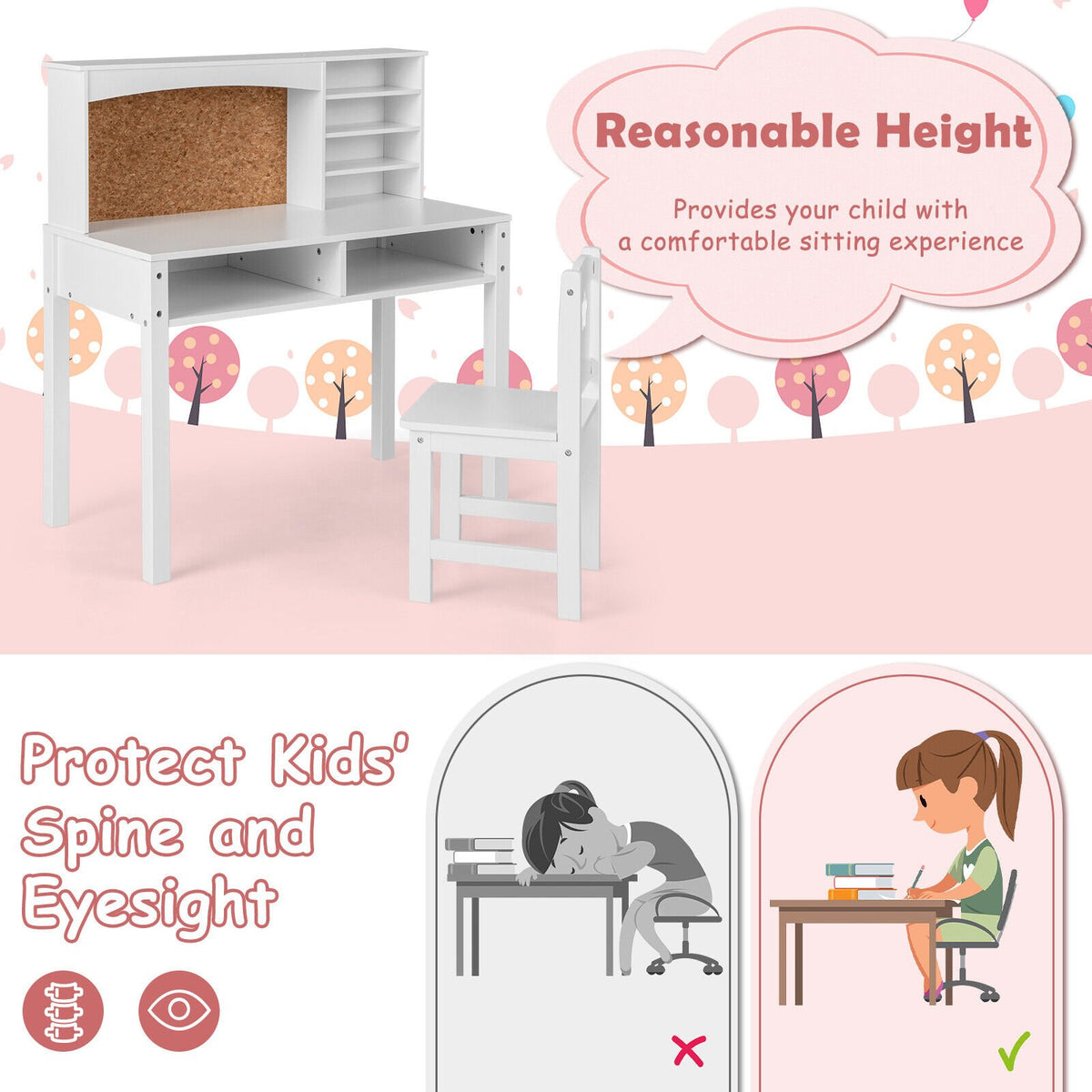 Kids Desk and Chair Set with Hutch and Bulletin Board for 3+ Kids-White view 6