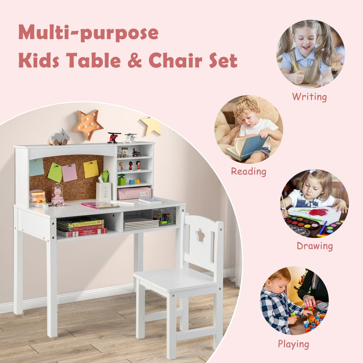 Kids Desk and Chair Set with Hutch and Bulletin Board for 3+ Kids-White view 8