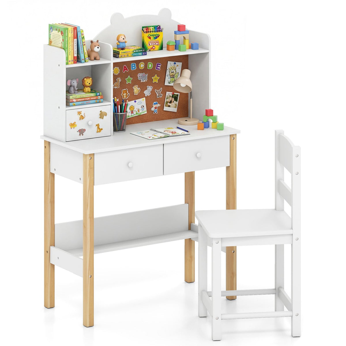 Kids Desk and Chair Set with Hutch Bulletin Board and Drawers-White