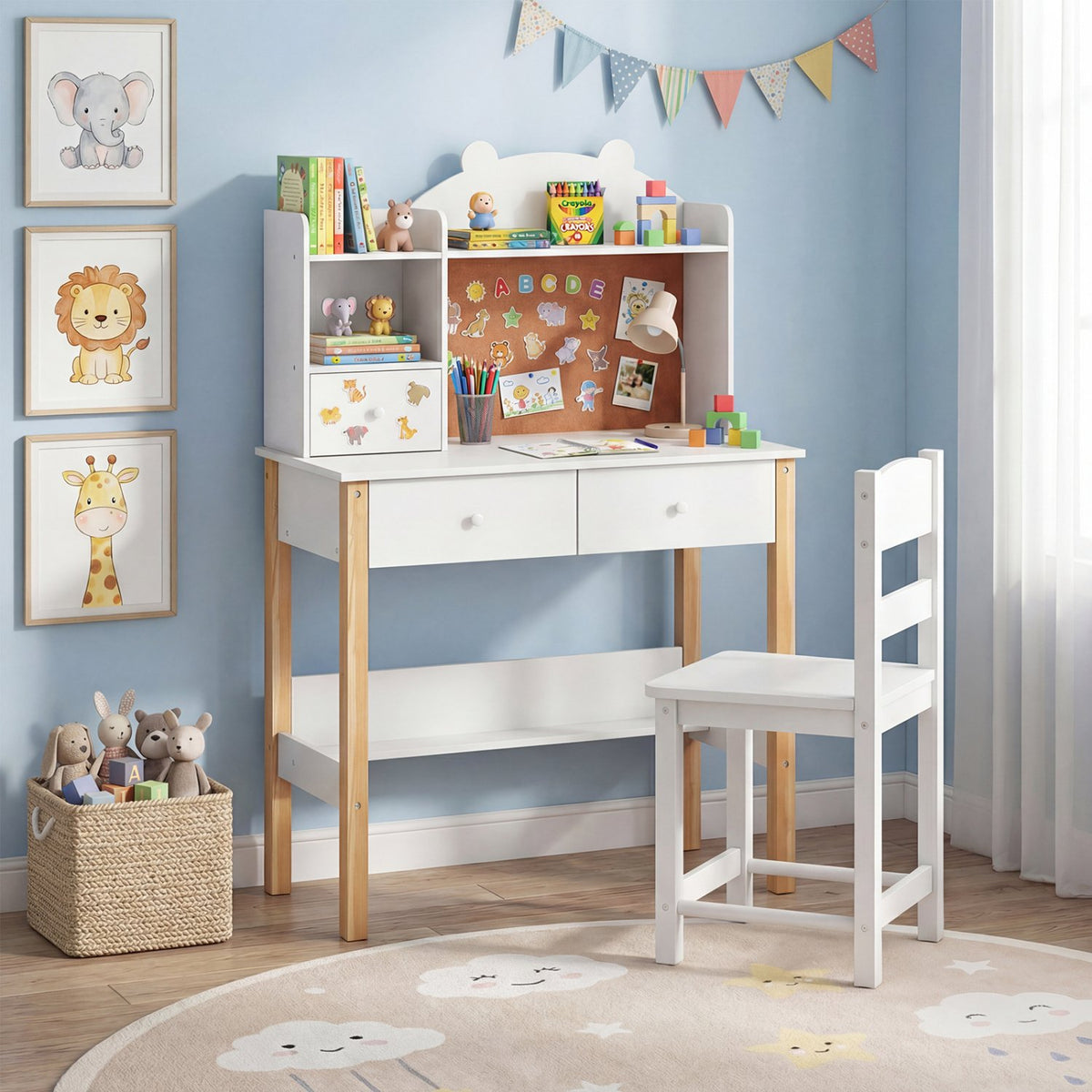 Kids Desk and Chair Set with Hutch Bulletin Board and Drawers-White view 2