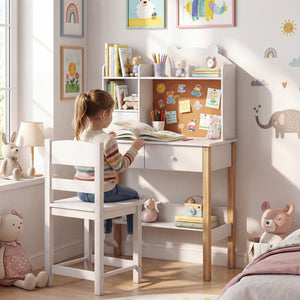 Kids Desk and Chair Set with Hutch Bulletin Board and Drawers-White view 3
