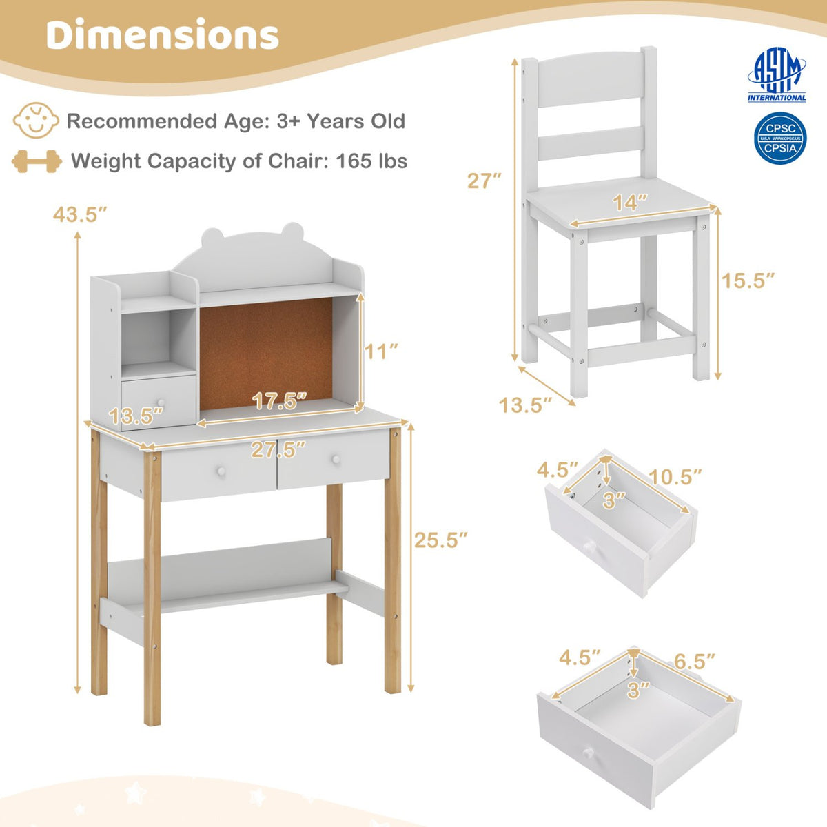 Kids Desk and Chair Set with Hutch Bulletin Board and Drawers-White view 5