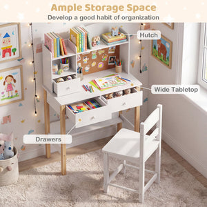 Kids Desk and Chair Set with Hutch Bulletin Board and Drawers-White view 8