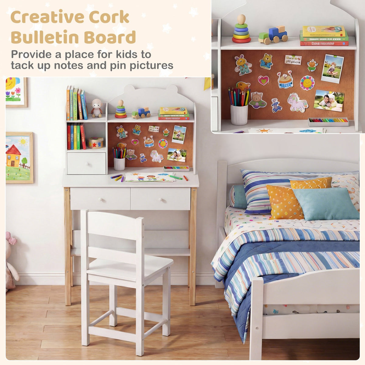 Kids Desk and Chair Set with Hutch Bulletin Board and Drawers-White view 9