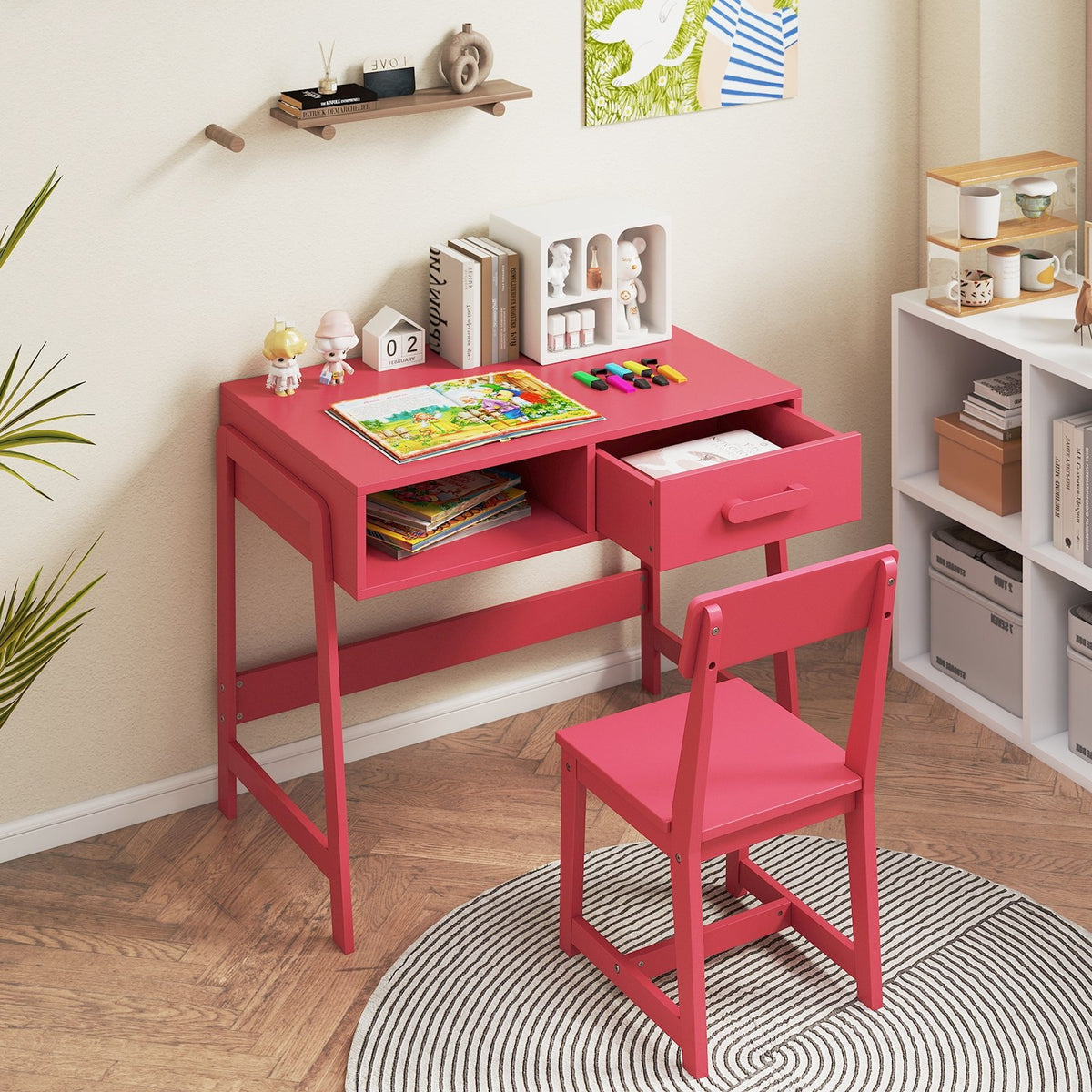 Kids Desk and Chair Set with Storage Drawer and Hutch-Pink view 2