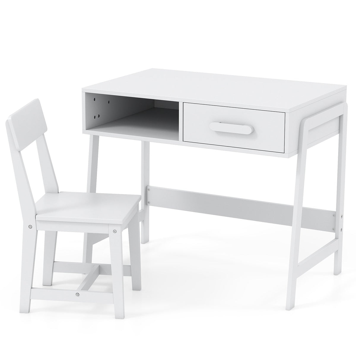 Kids Desk and Chair Set with Storage Drawer and Hutch-White