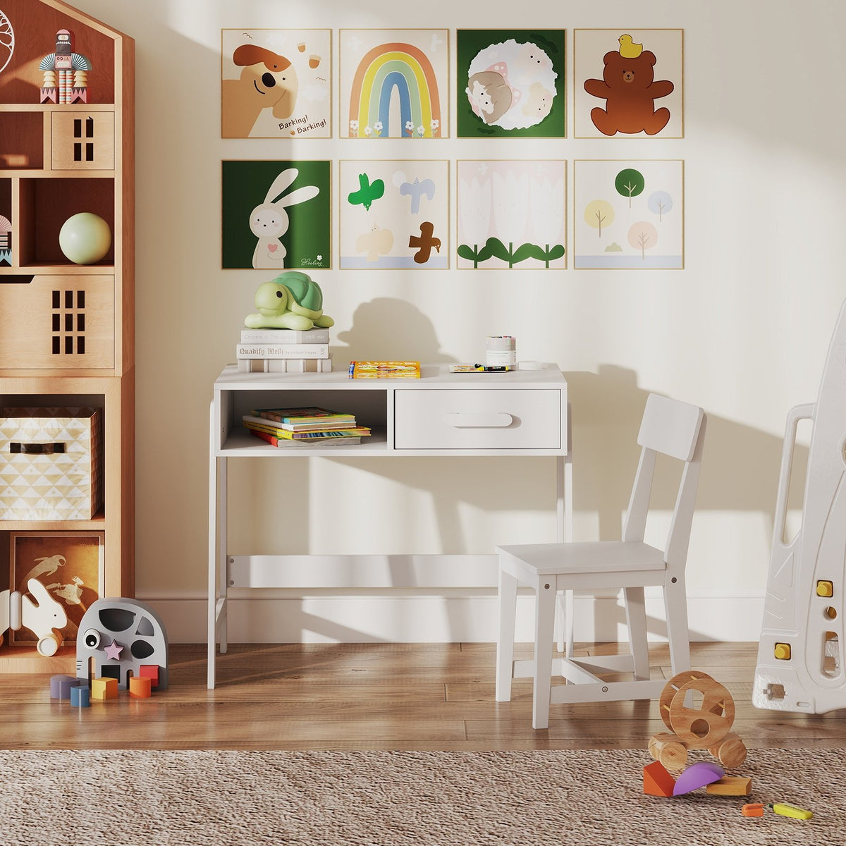Kids Desk and Chair Set with Storage Drawer and Hutch-White view 2
