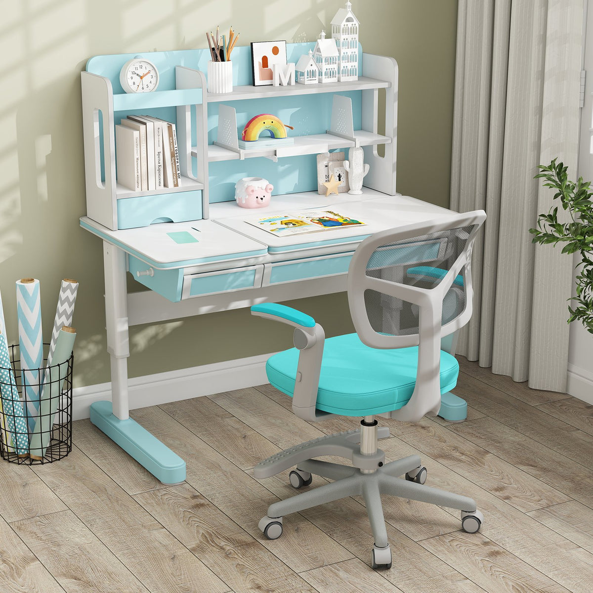 Kids Desk Chair Children Study Chair with Adjustable Height Armrest and Footrest-Green view 5