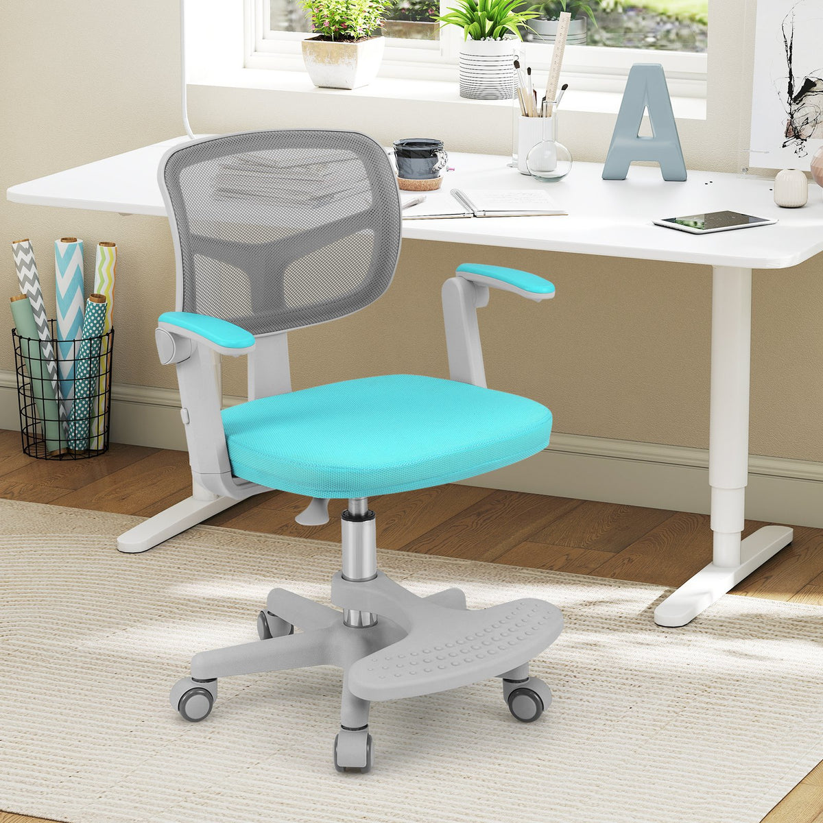 Kids Desk Chair Children Study Chair with Adjustable Height Armrest and Footrest-Green view 6