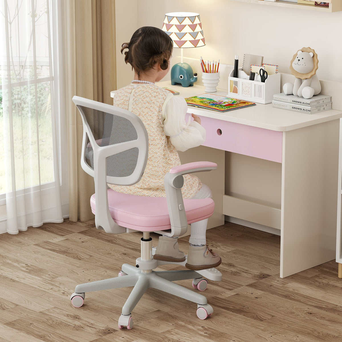 Kids Desk Chair Children Study Chair with Adjustable Height Armrest and Footrest-Pink view 2