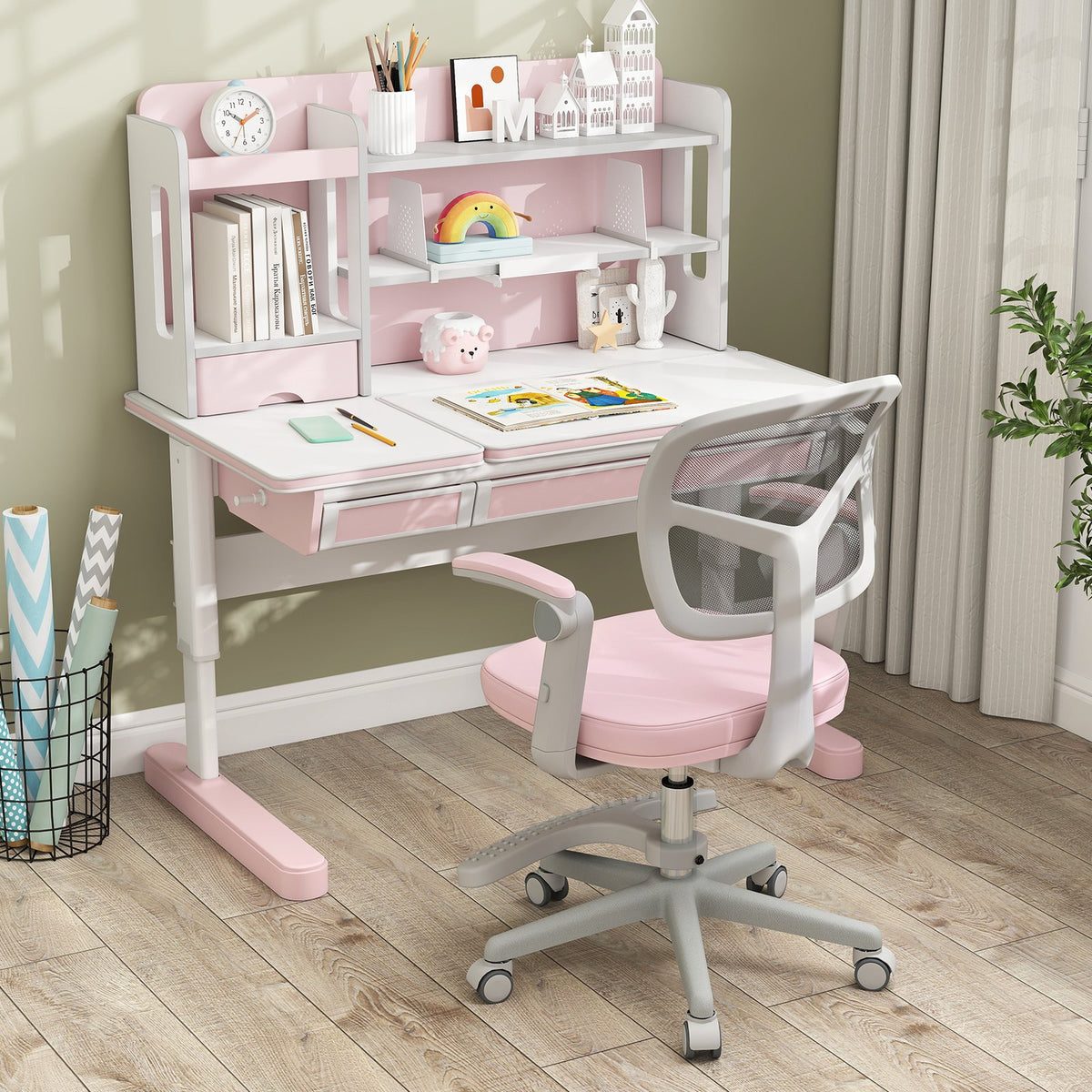 Kids Desk Chair Children Study Chair with Adjustable Height Armrest and Footrest-Pink view 5