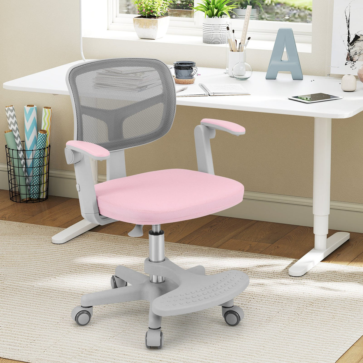 Kids Desk Chair Children Study Chair with Adjustable Height Armrest and Footrest-Pink view 6