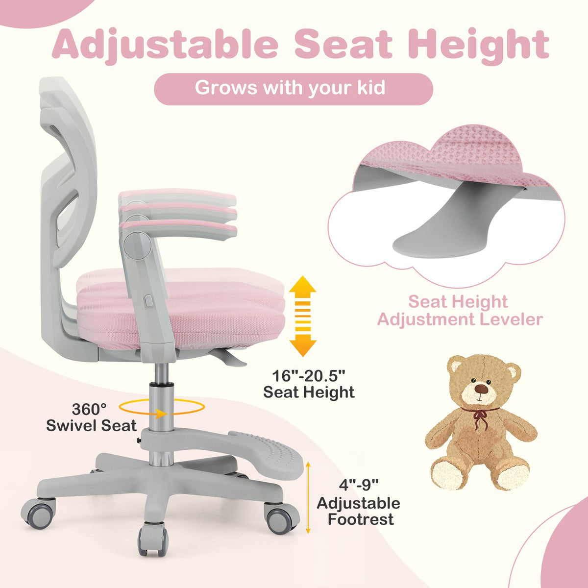 Kids Desk Chair Children Study Chair with Adjustable Height Armrest and Footrest-Pink view 8