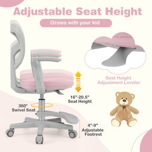 Kids Desk Chair Children Study Chair with Adjustable Height Armrest and Footrest-Pink view 8