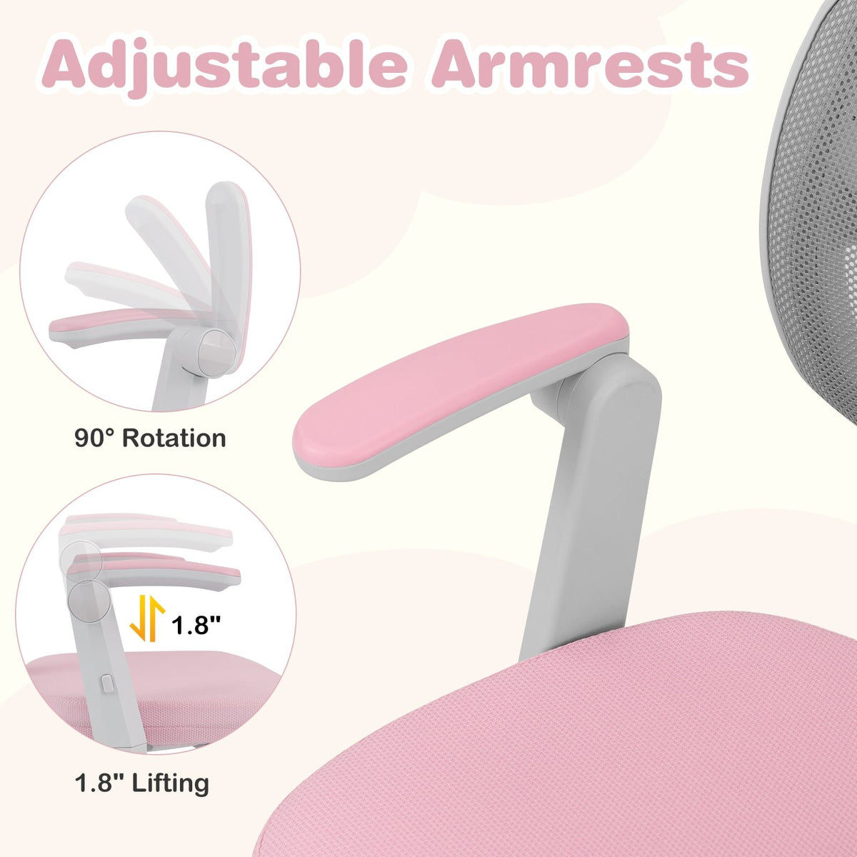 Kids Desk Chair Children Study Chair with Adjustable Height Armrest and Footrest-Pink view 9