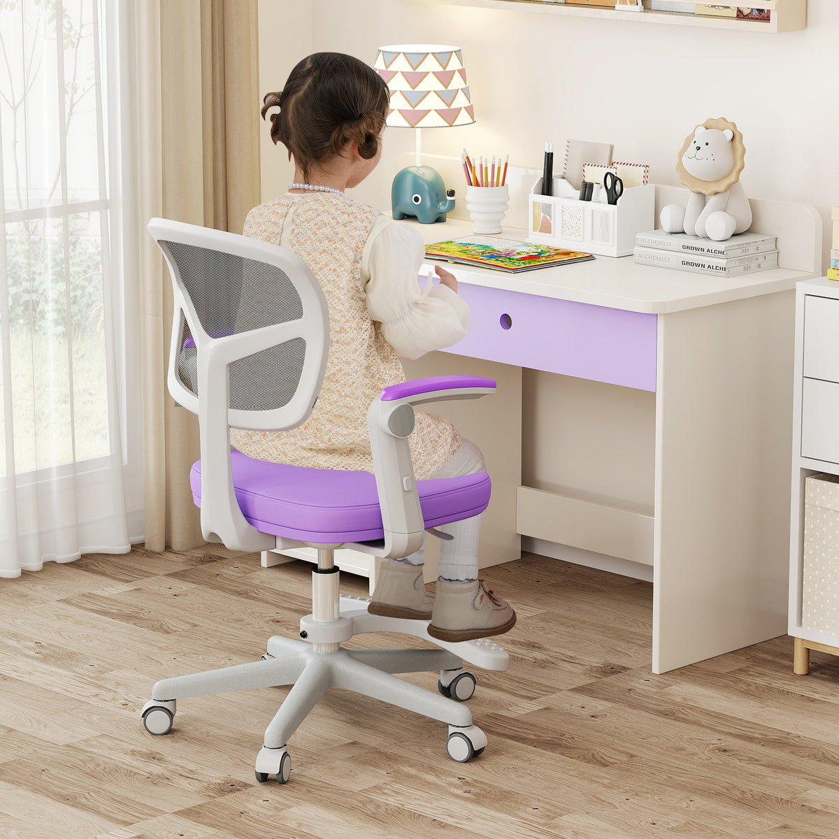 Kids Desk Chair Children Study Chair with Adjustable Height Armrest and Footrest-Purple view 2