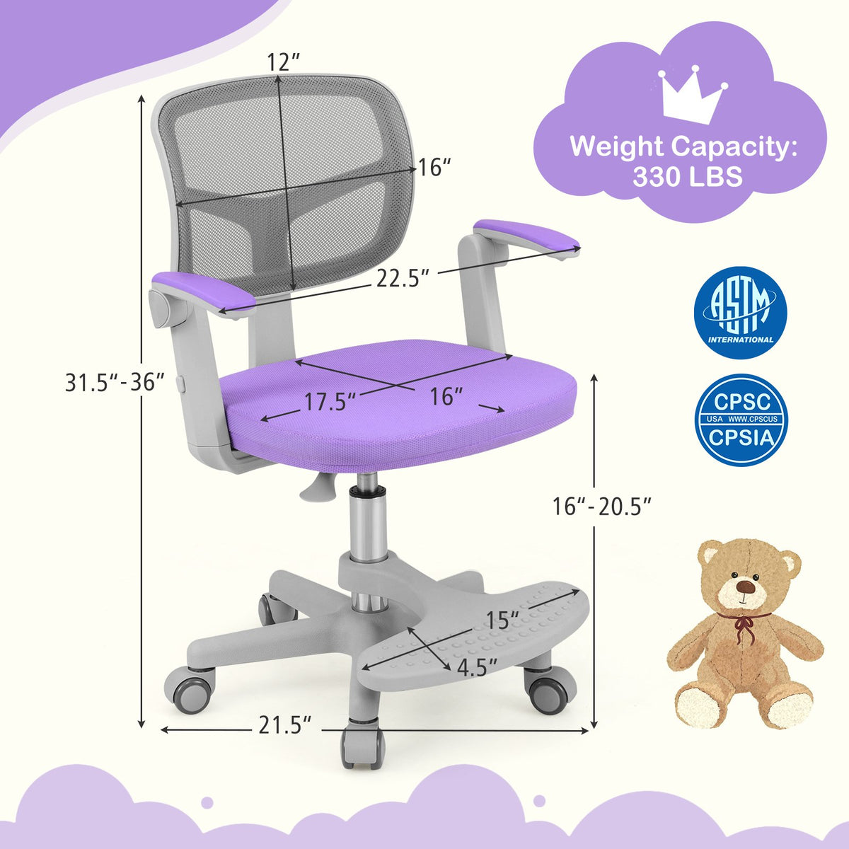 Kids Desk Chair Children Study Chair with Adjustable Height Armrest and Footrest-Purple view 4