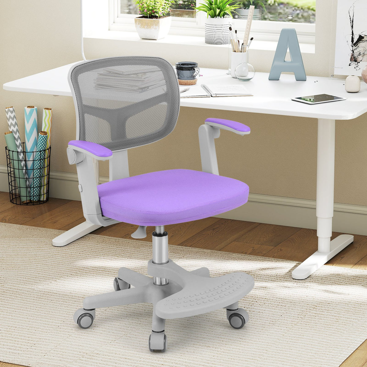 Kids Desk Chair Children Study Chair with Adjustable Height Armrest and Footrest-Purple view 6