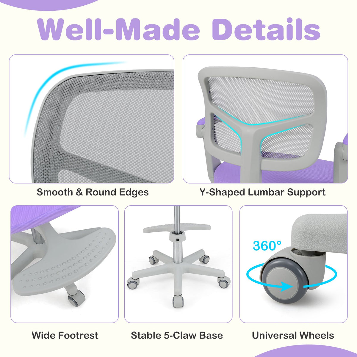 Kids Desk Chair Children Study Chair with Adjustable Height Armrest and Footrest-Purple view 7