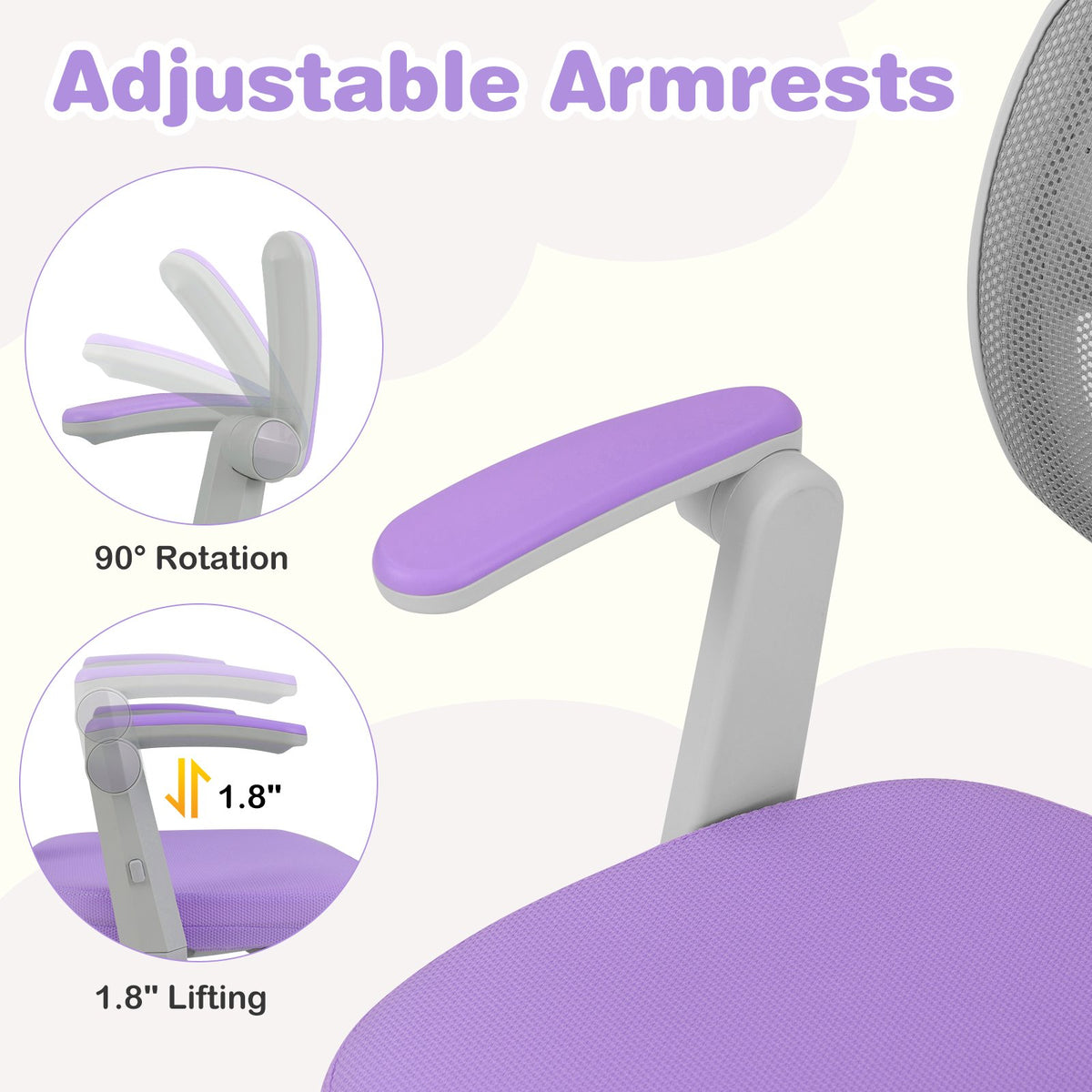 Kids Desk Chair Children Study Chair with Adjustable Height Armrest and Footrest-Purple view 9