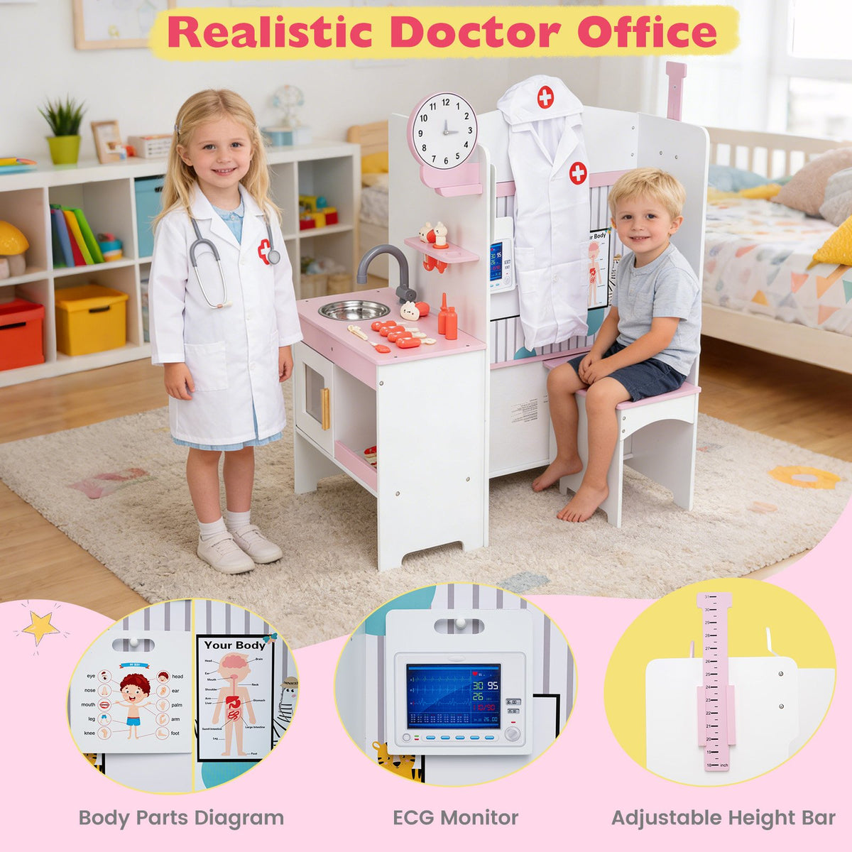 Kids Doctor Play Set with Adjustable Height Bar-Pink view 7