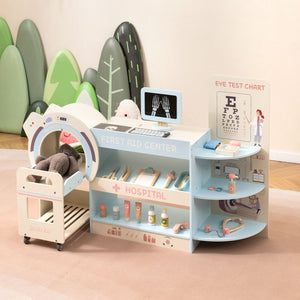 Kids Doctor Play Set Wooden Pretend Hospital Office Kit with Eye Chart Toy CT Machine-Blue view 2