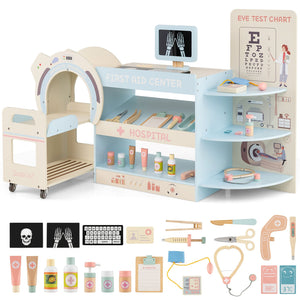 Kids Doctor Play Set Wooden Pretend Hospital Office Kit with Eye Chart Toy CT Machine-Blue view 3