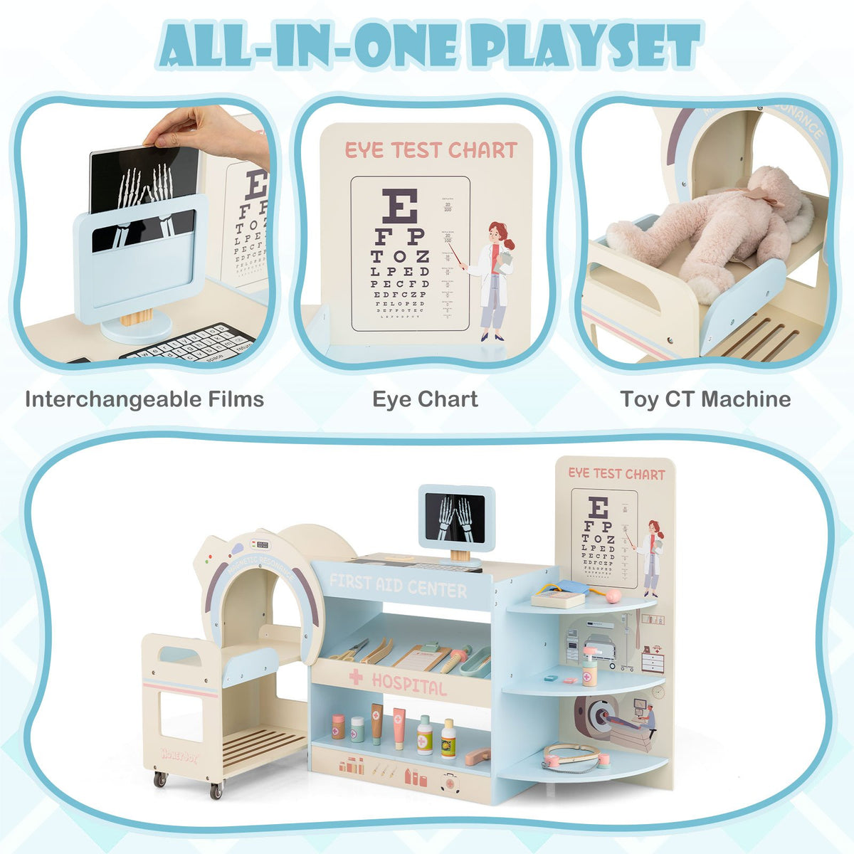 Kids Doctor Play Set Wooden Pretend Hospital Office Kit with Eye Chart Toy CT Machine-Blue view 5