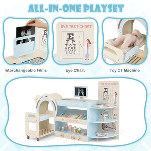Kids Doctor Play Set Wooden Pretend Hospital Office Kit with Eye Chart Toy CT Machine-Blue view 5