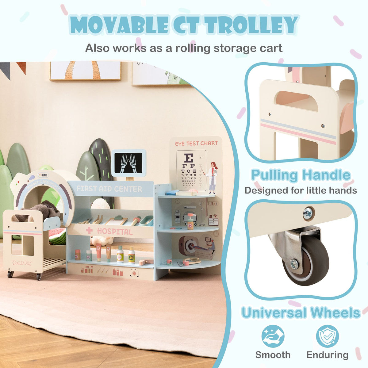 Kids Doctor Play Set Wooden Pretend Hospital Office Kit with Eye Chart Toy CT Machine-Blue view 7