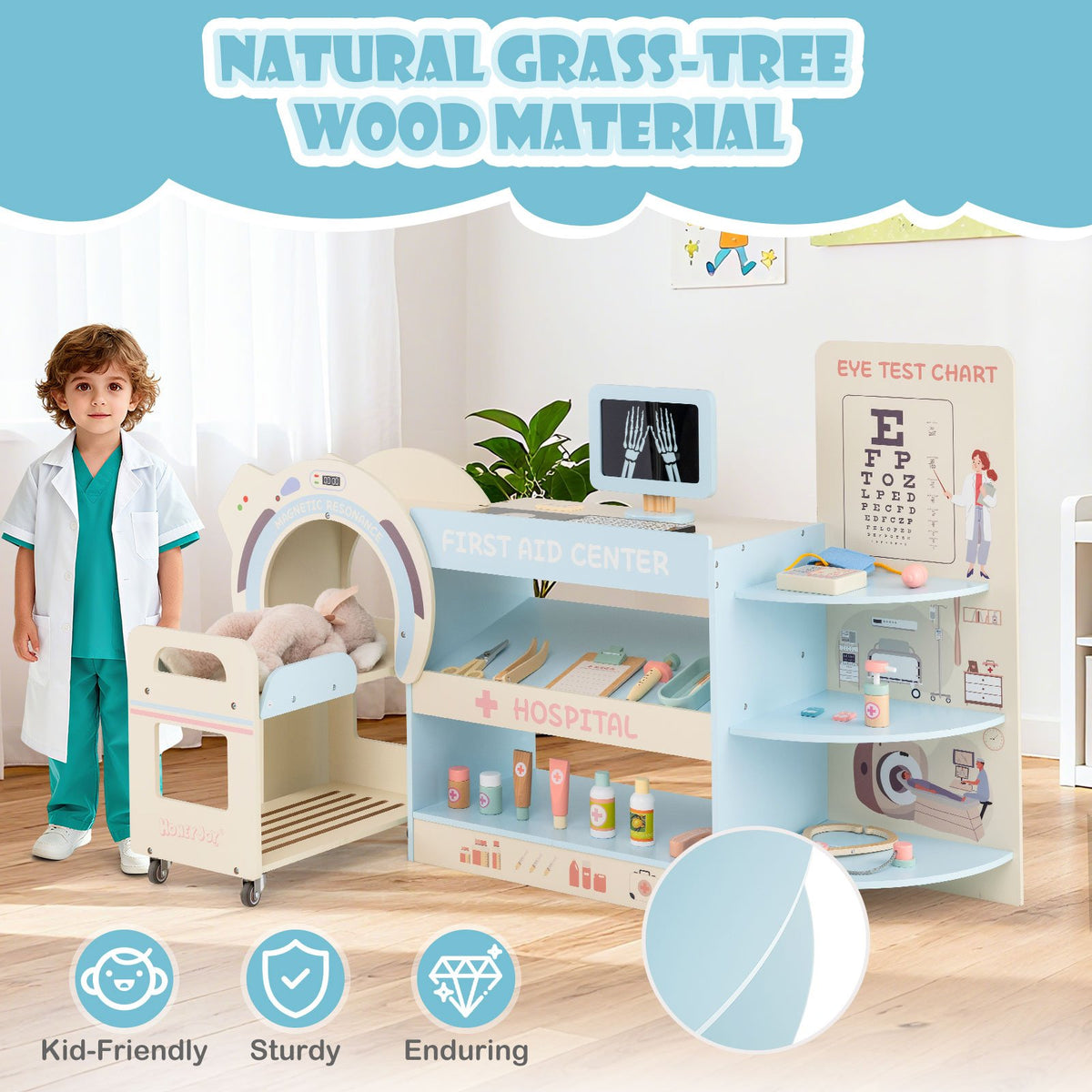 Kids Doctor Play Set Wooden Pretend Hospital Office Kit with Eye Chart Toy CT Machine-Blue view 9