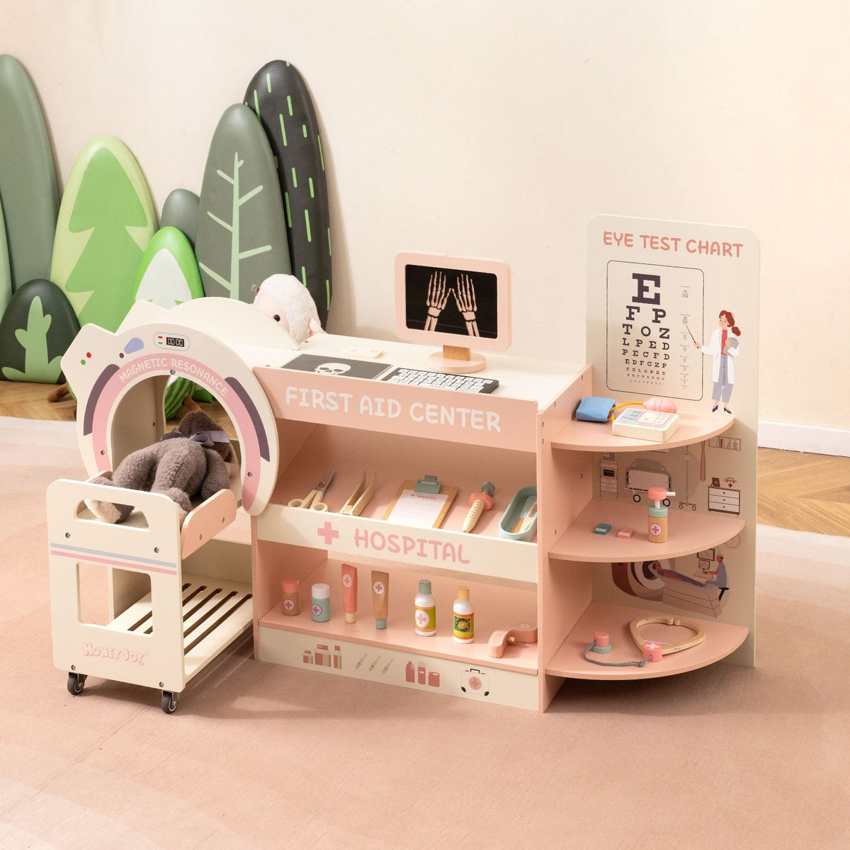 Kids Doctor Play Set Wooden Pretend Hospital Office Kit with Eye Chart Toy CT Machine-Pink view 2