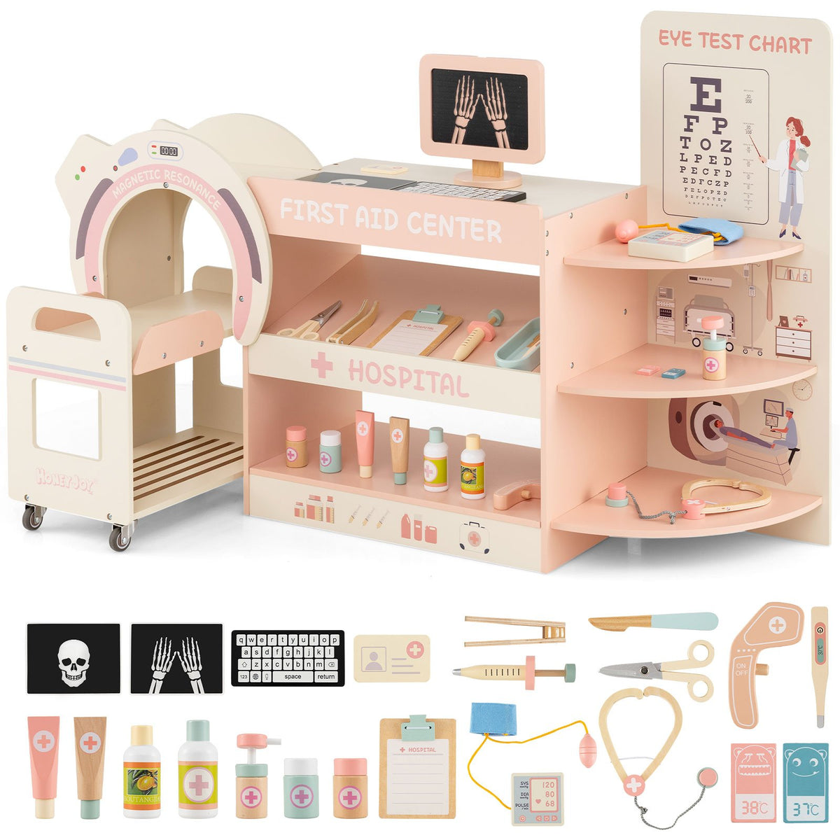 Kids Doctor Play Set Wooden Pretend Hospital Office Kit with Eye Chart Toy CT Machine-Pink view 3