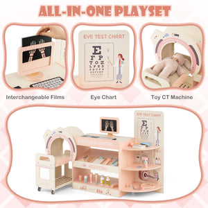 Kids Doctor Play Set Wooden Pretend Hospital Office Kit with Eye Chart Toy CT Machine-Pink view 5