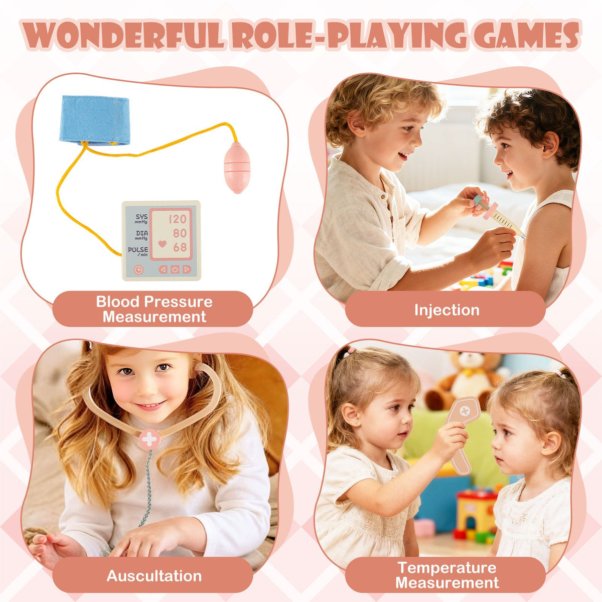 Kids Doctor Play Set Wooden Pretend Hospital Office Kit with Eye Chart Toy CT Machine-Pink view 8