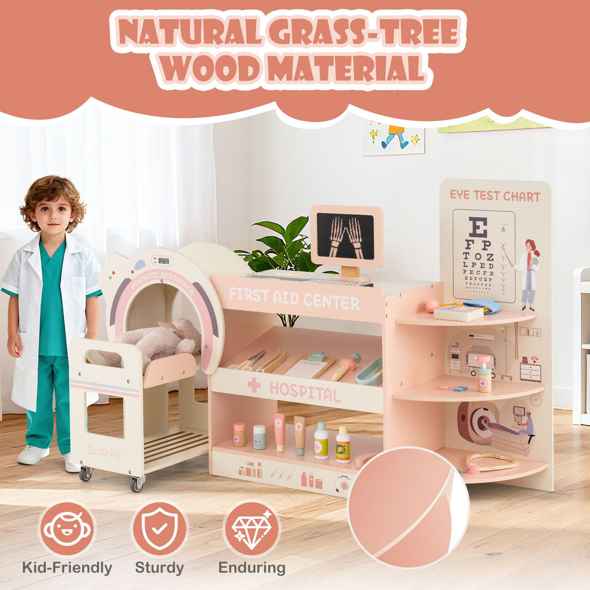 Kids Doctor Play Set Wooden Pretend Hospital Office Kit with Eye Chart Toy CT Machine-Pink view 9