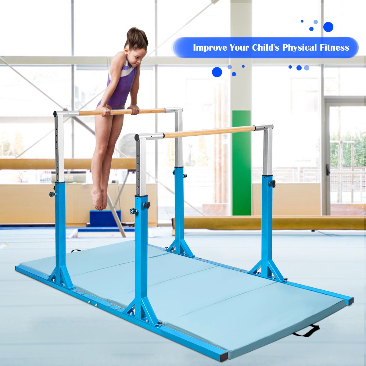 Kids Double Horizontal Bars Gymnastic Training Parallel Bars Adjustable-Blue view 2