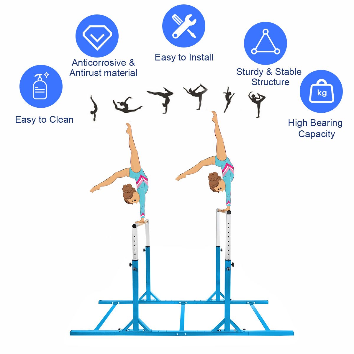 Kids Double Horizontal Bars Gymnastic Training Parallel Bars Adjustable-Blue view 6