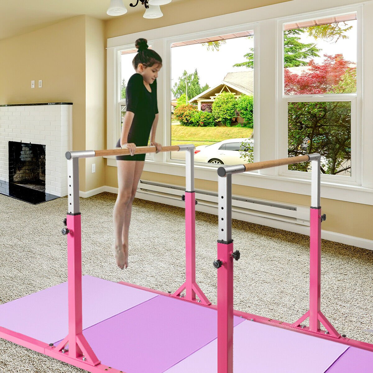 Kids Double Horizontal Bars Gymnastic Training Parallel Bars Adjustable-Pink view 2