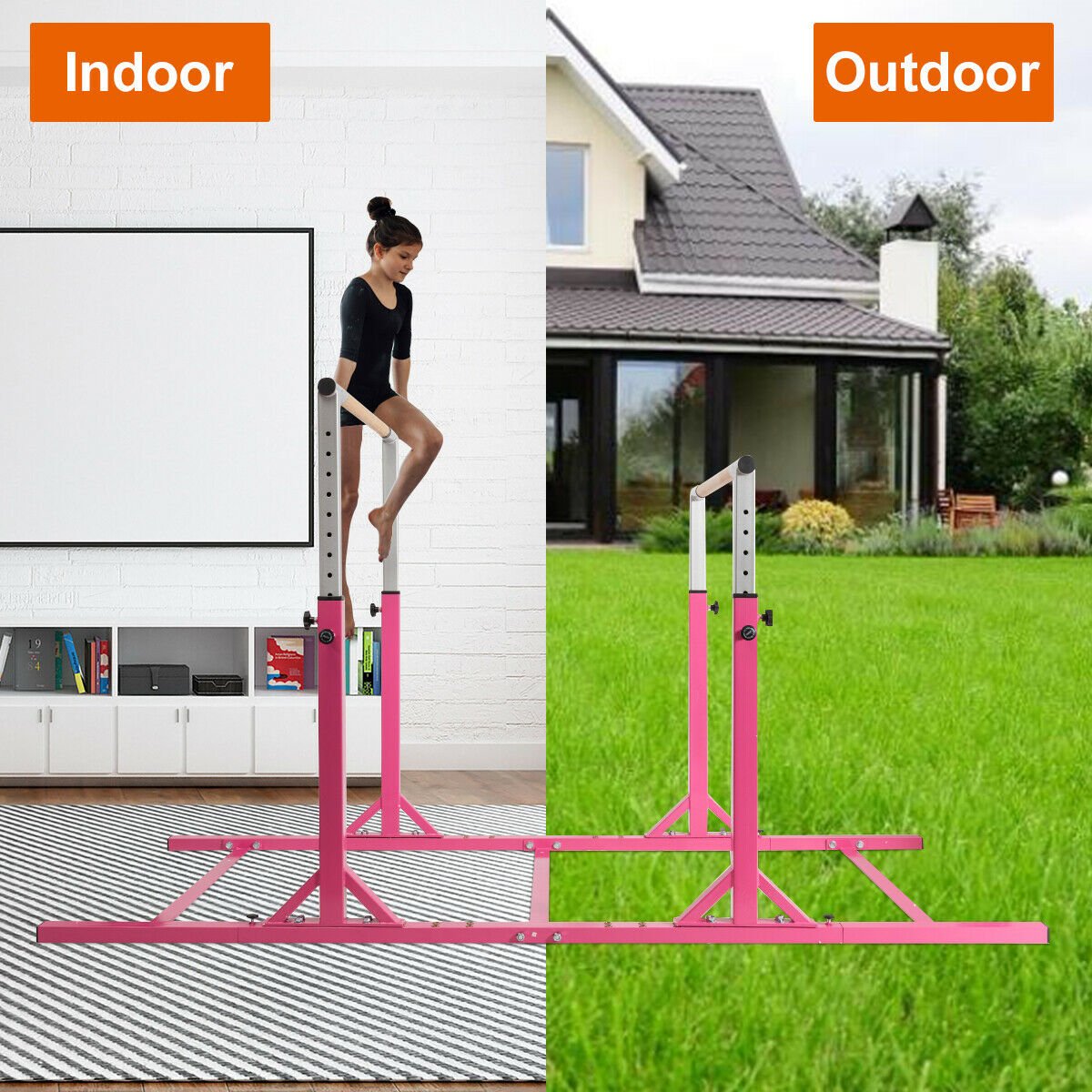 Kids Double Horizontal Bars Gymnastic Training Parallel Bars Adjustable-Pink view 3