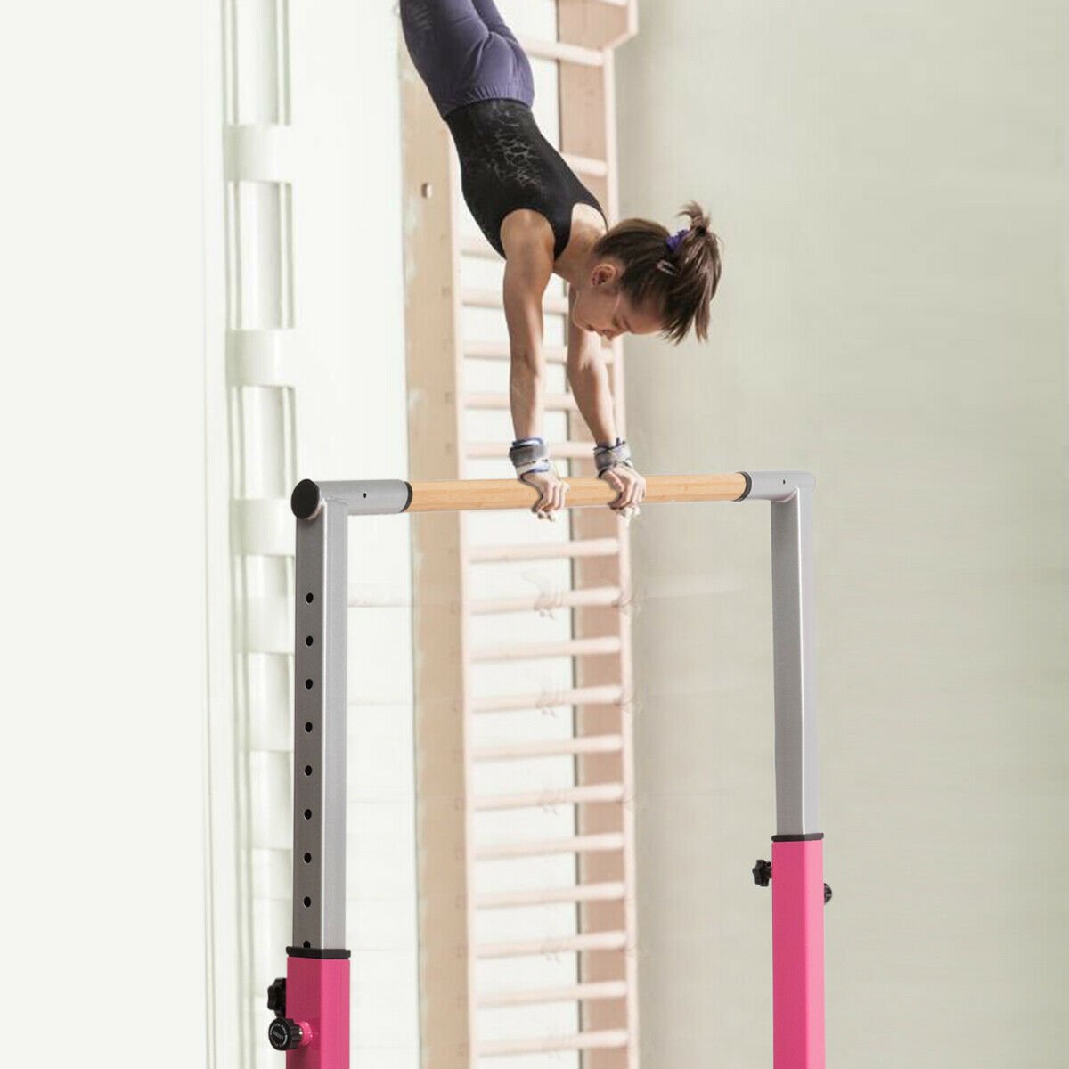 Kids Double Horizontal Bars Gymnastic Training Parallel Bars Adjustable-Pink view 6
