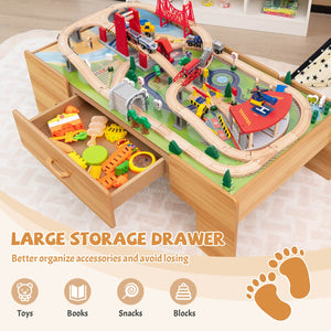 100-Piece Double-Sided Wooden Train Set Table with Storage Drawer for Kids Age 3 + view 3