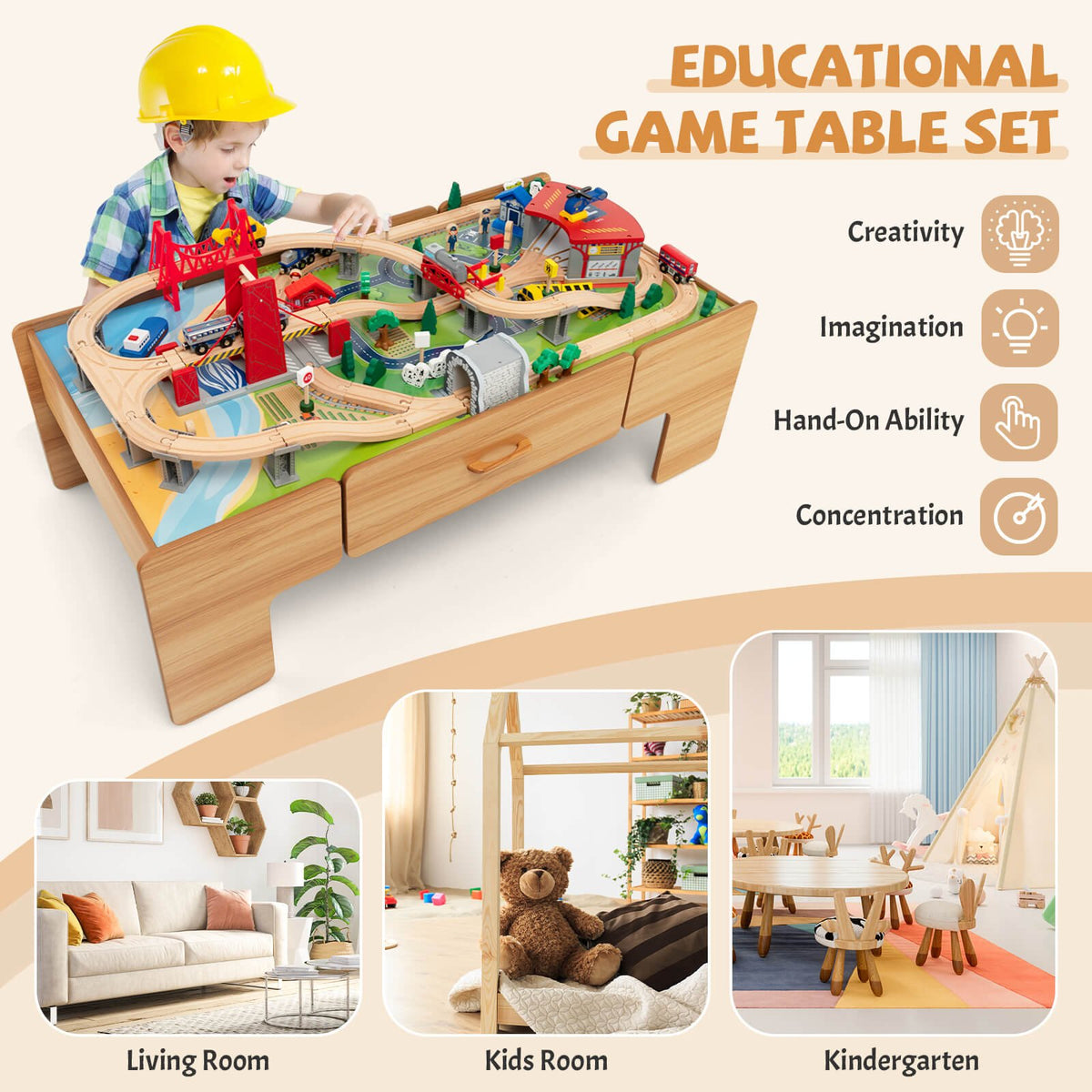100-Piece Double-Sided Wooden Train Set Table with Storage Drawer for Kids Age 3 + view 5