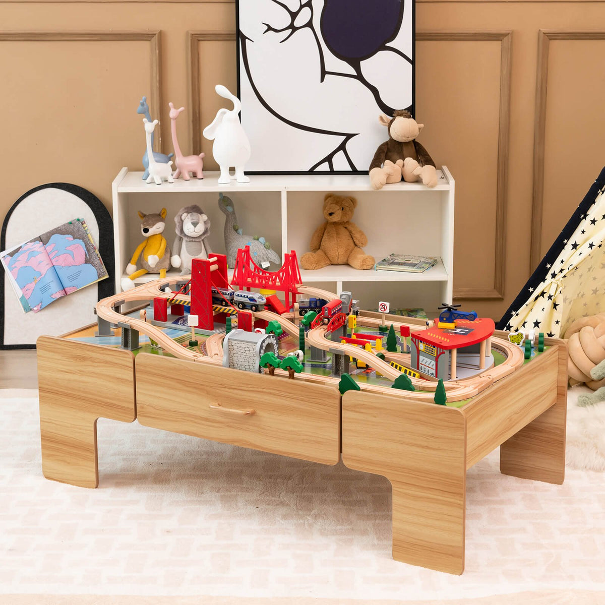 100-Piece Double-Sided Wooden Train Set Table with Storage Drawer for Kids Age 3 + view 6